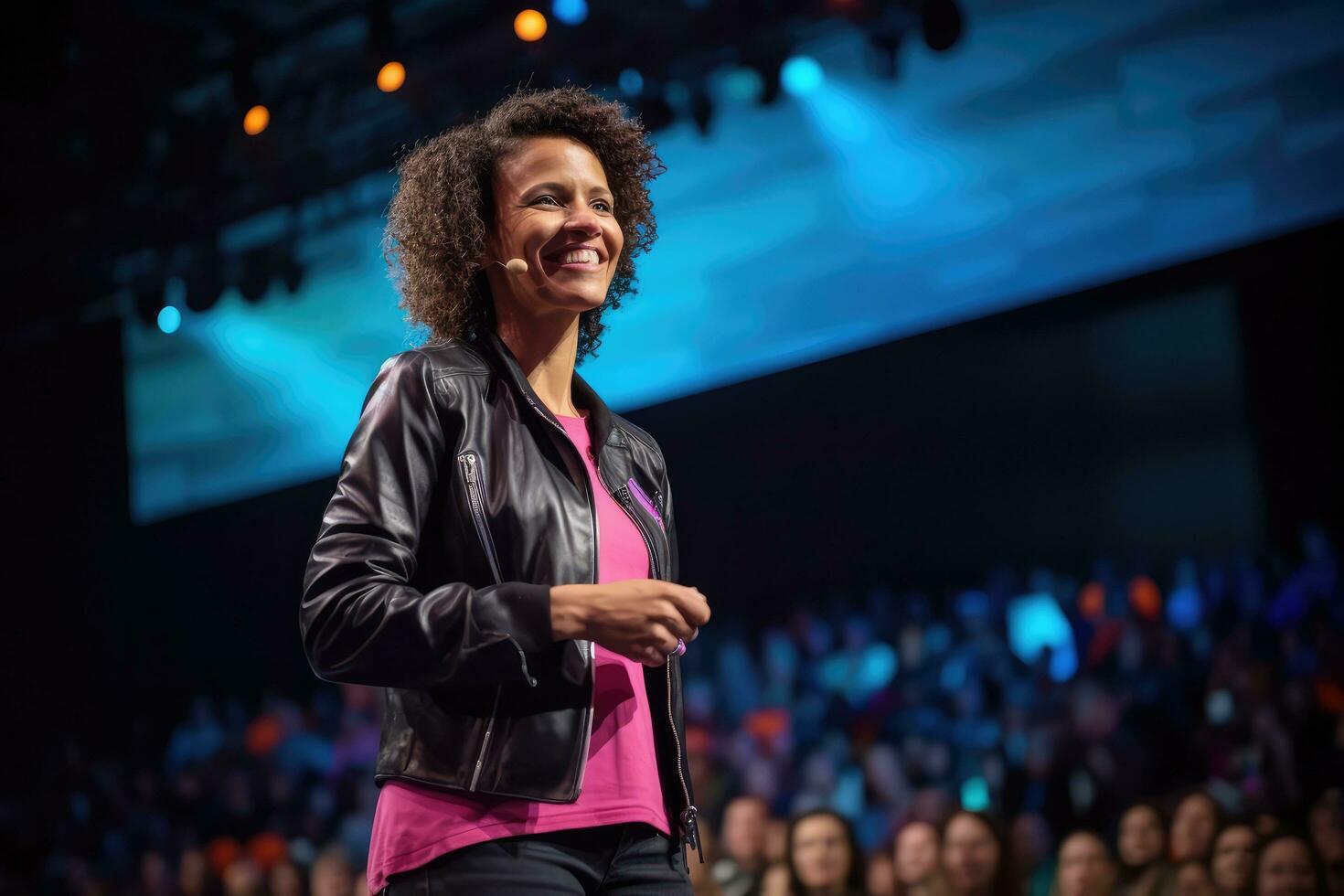 Business Woman Speaker on stage at conference holding a presentation of a new product, Business Woman having a lecture about digitization,Generative AI. photo