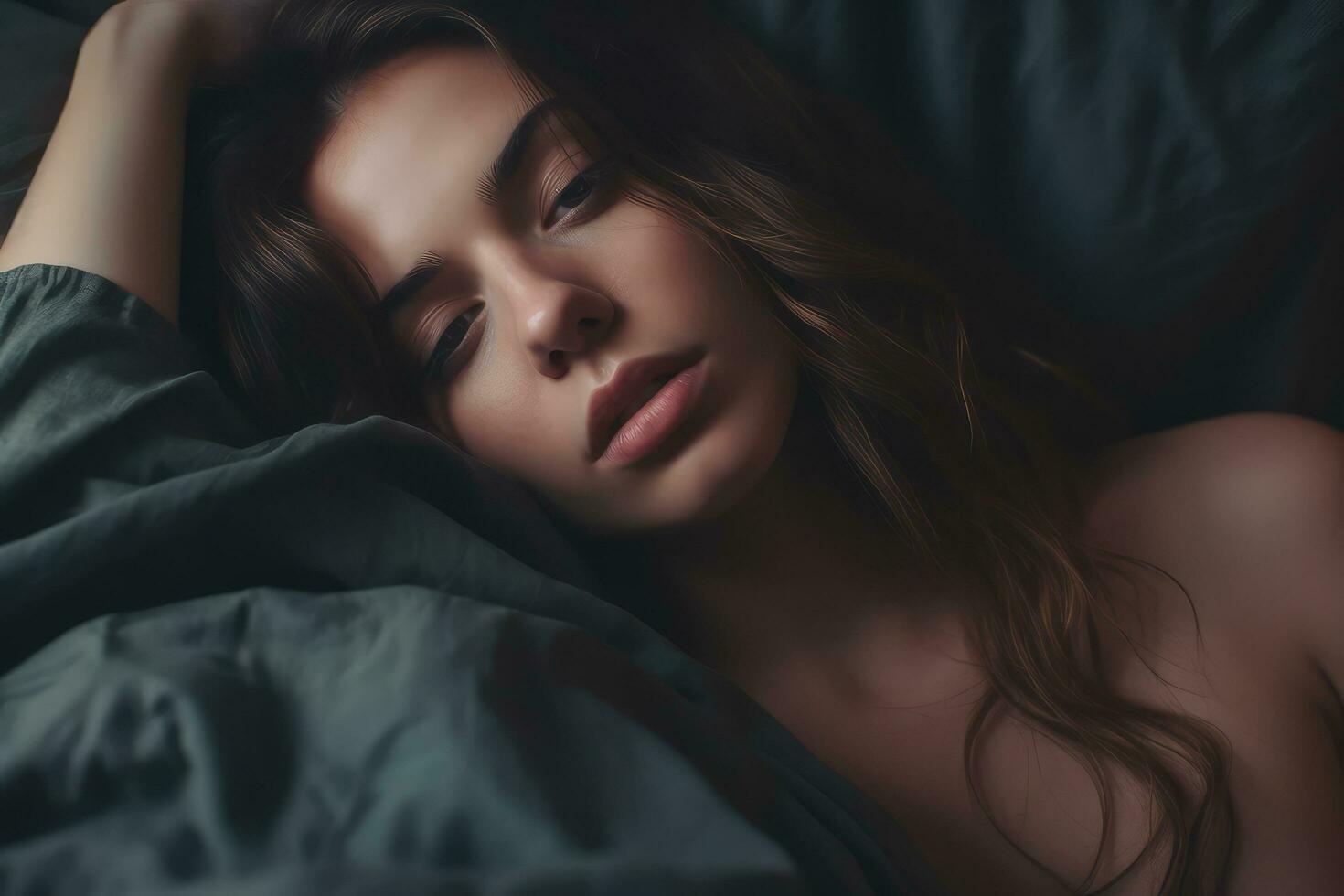 Close up face Unhappy woman having problems in bed ,Generative AI. photo