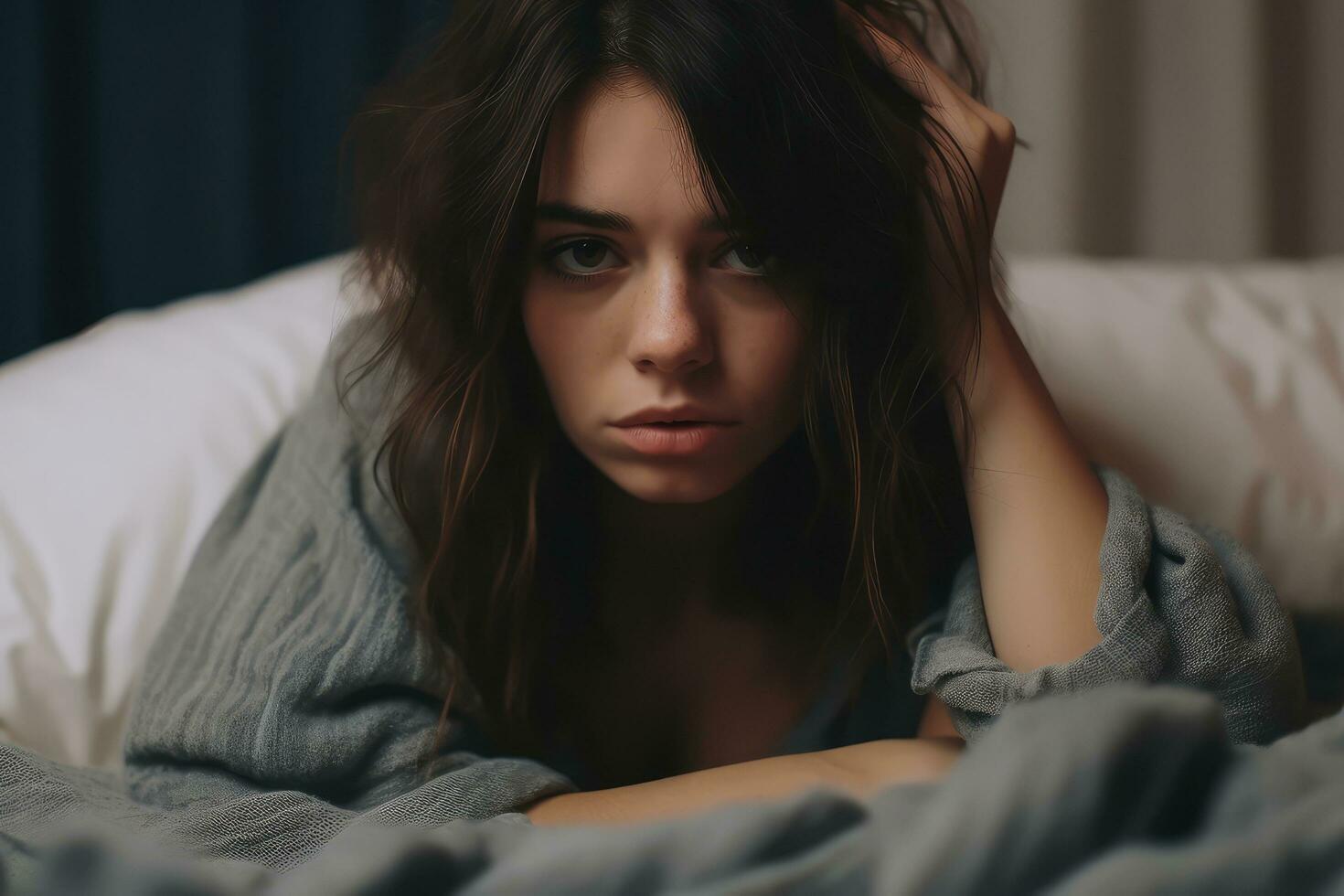 Close up face Unhappy woman having problems in bed ,Generative AI. photo