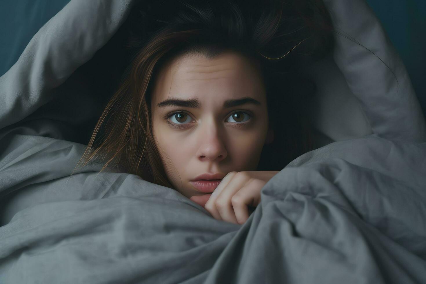 Close up face Unhappy woman having problems in bed ,Generative AI. photo