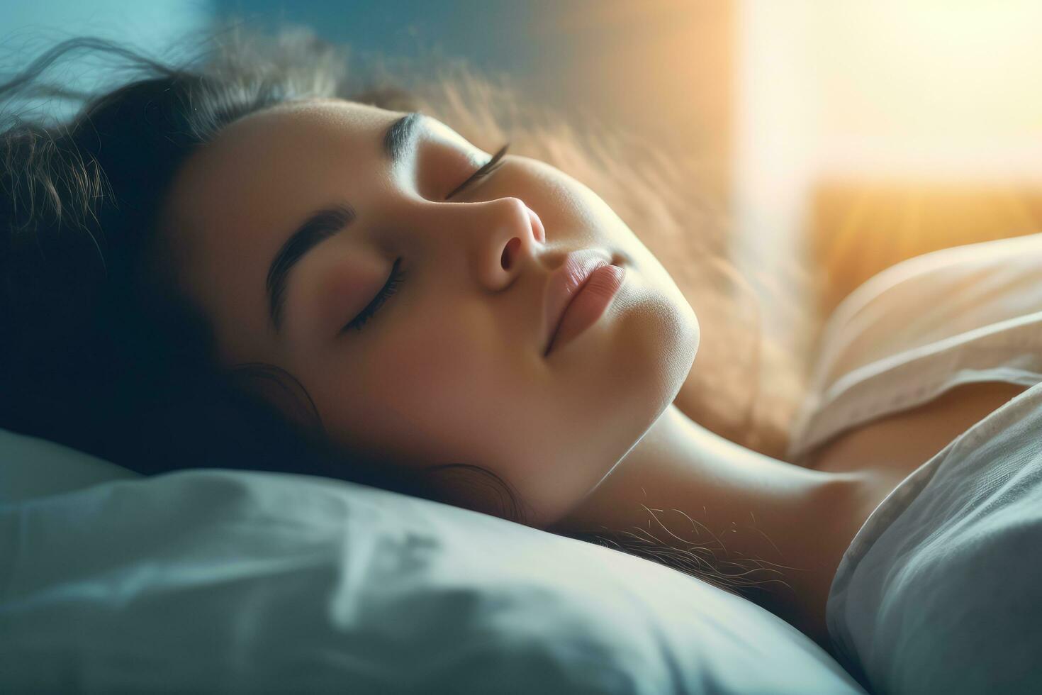 A young woman patient sleeping on bed in hospital ward. Health care ,Generative AI. photo