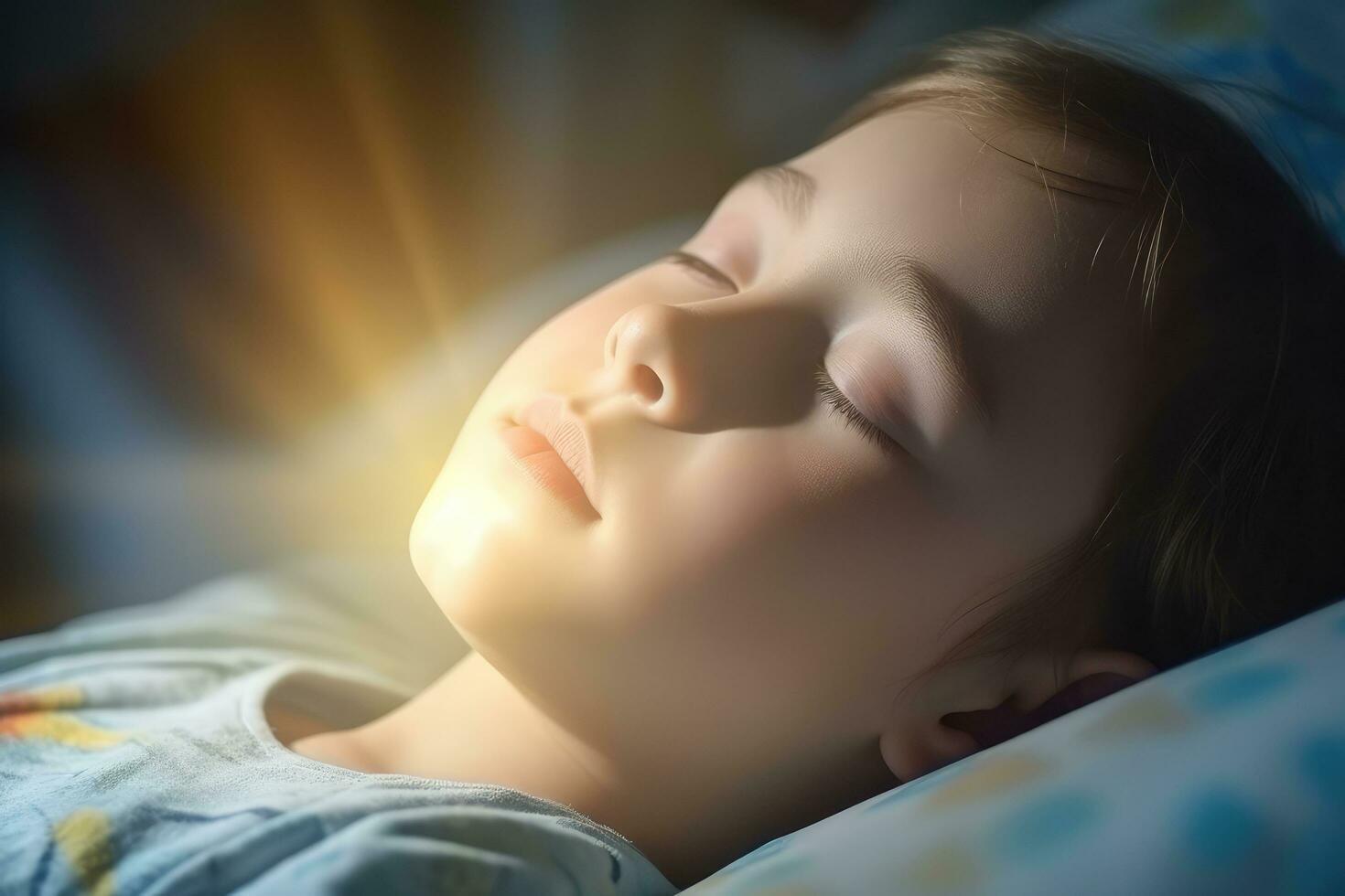 A kid patient sleeping on bed in hospital ward. Health care ,Generative AI. photo