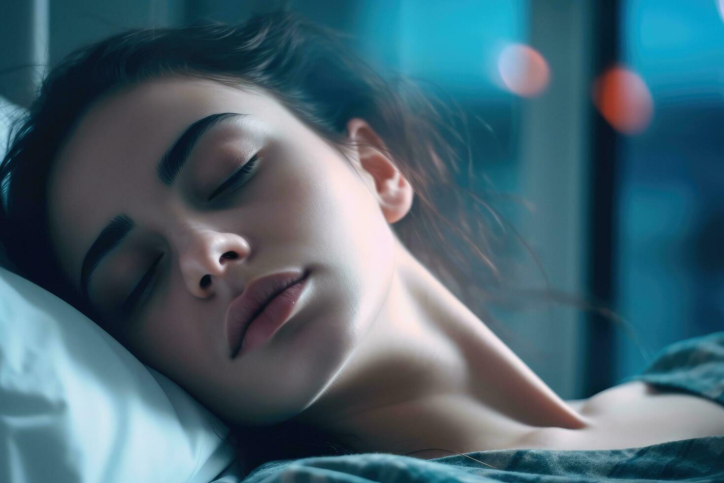 A young woman patient sleeping on bed in hospital ward. Health care ,Generative AI. photo