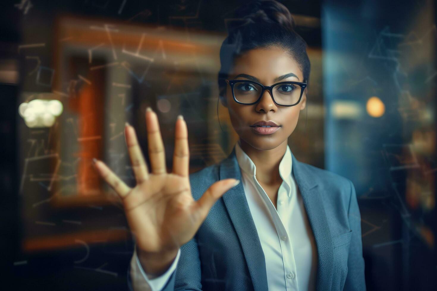 Businesswoman presents her business project on a large screen ,Generative AI. photo