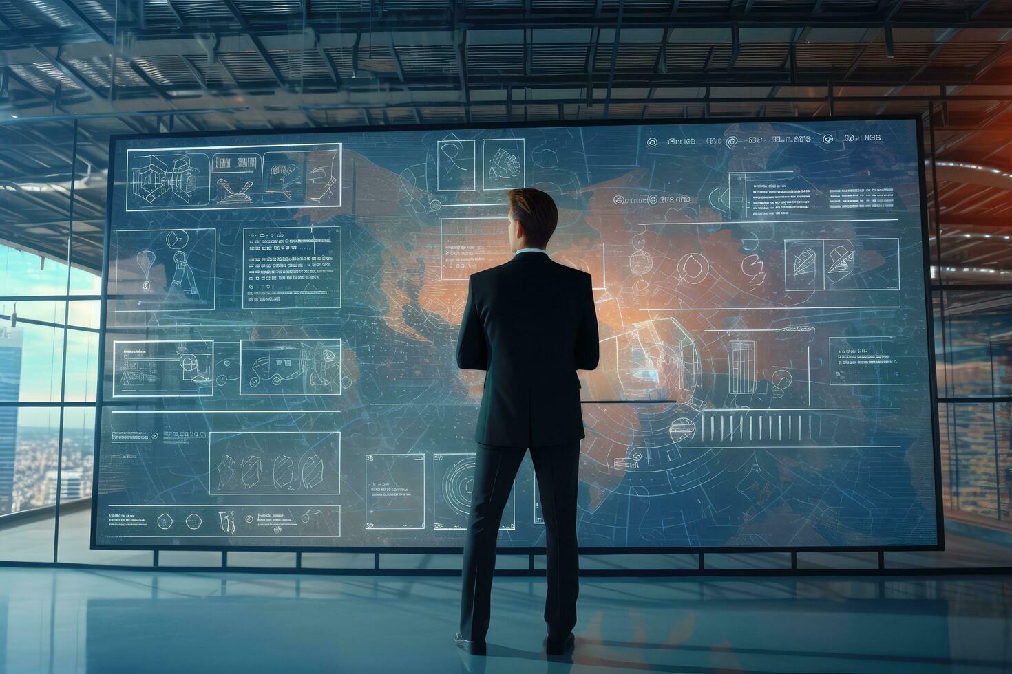 A businessman presents her business project on a large screen ,Generative AI. photo