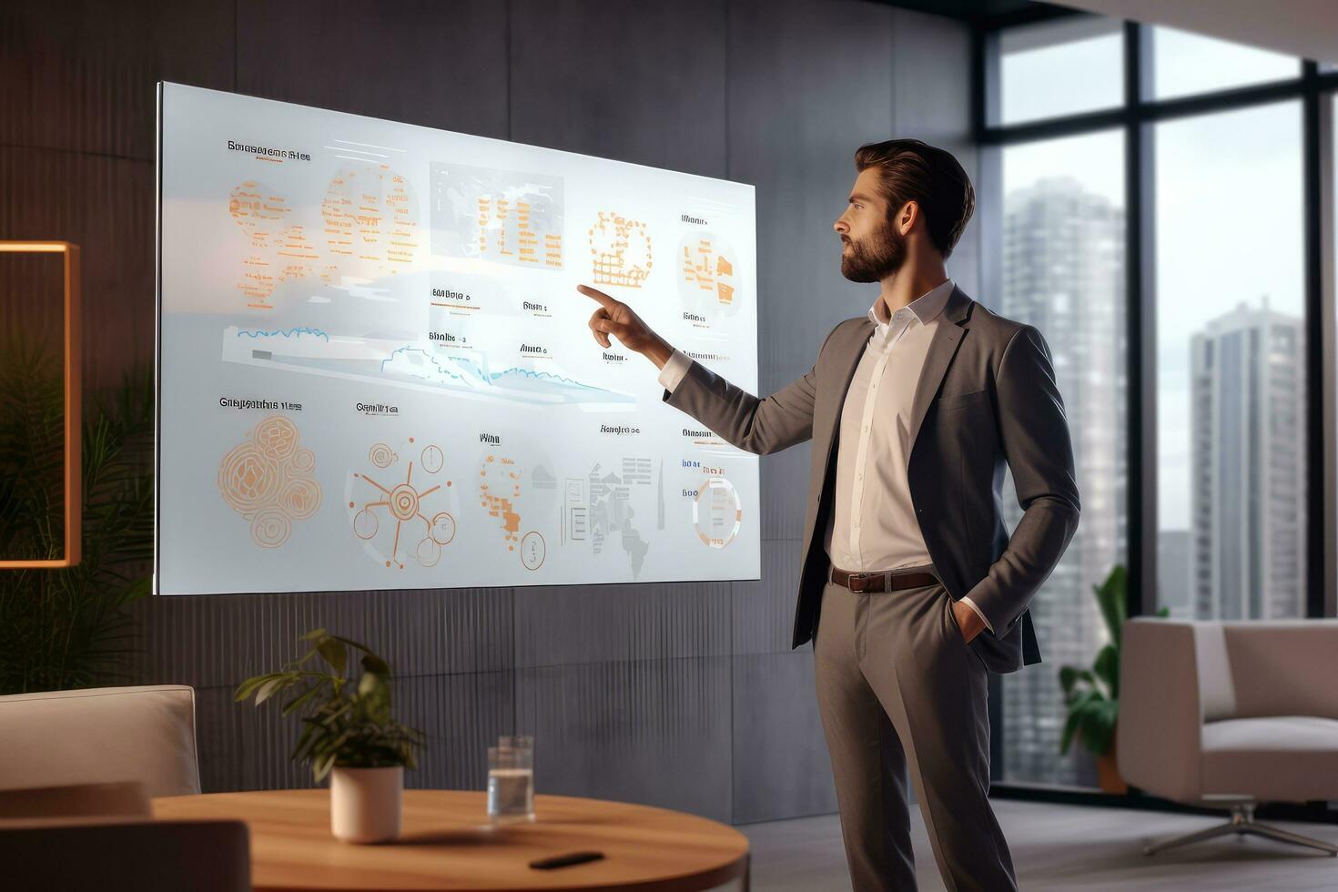 A businessman presents her business project on a large screen ,Generative AI. photo