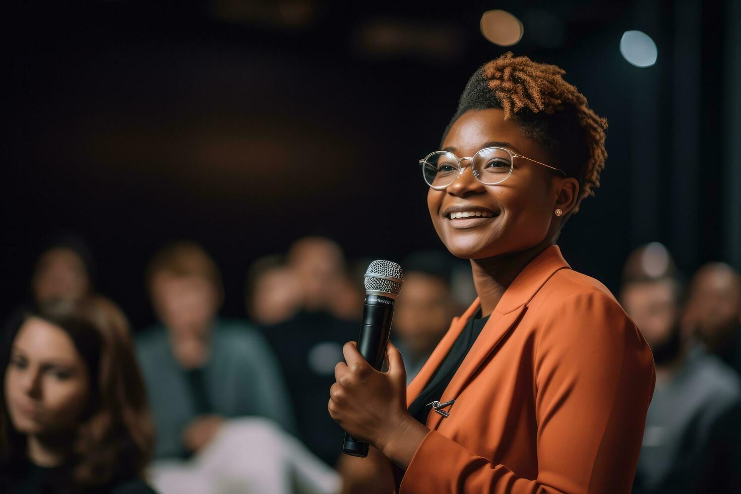 Woman leader delivers a keynote address at a business project conference, talking about the importance of diversity,Generative AI. photo