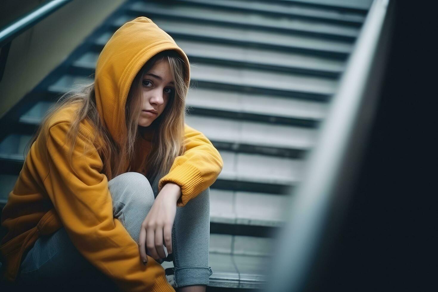 un niña sentado solo a escaleras. estrés y mental problema en infancia ,generativo ai. foto