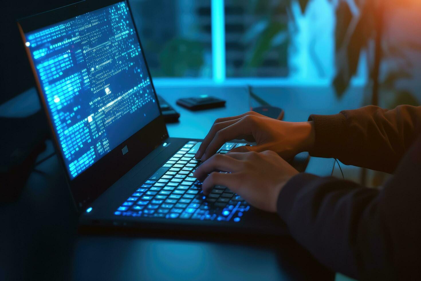 Close up hand programmer working on their professional development types on a laptop computer keyboard. Coding Language User Interface on Screens.Generative AI. photo