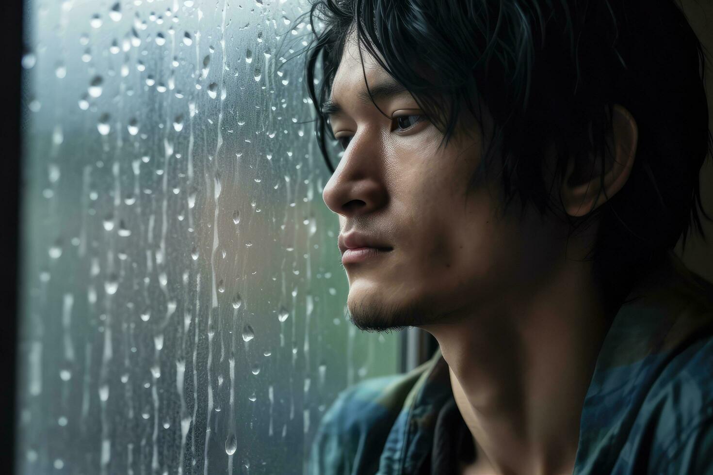 Asia young man sad of sit on the edge the window with raindrops on the glass window on a rainy day ,Generative AI. photo