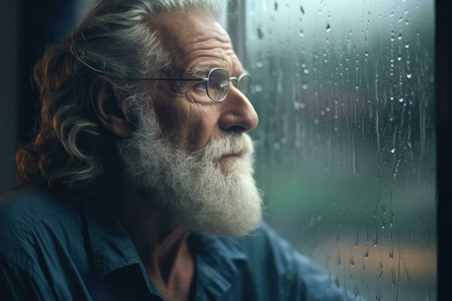 Senior man sad and depressed looking out of the window with raindrops on the glass window on a rainy day ,Generative AI. photo