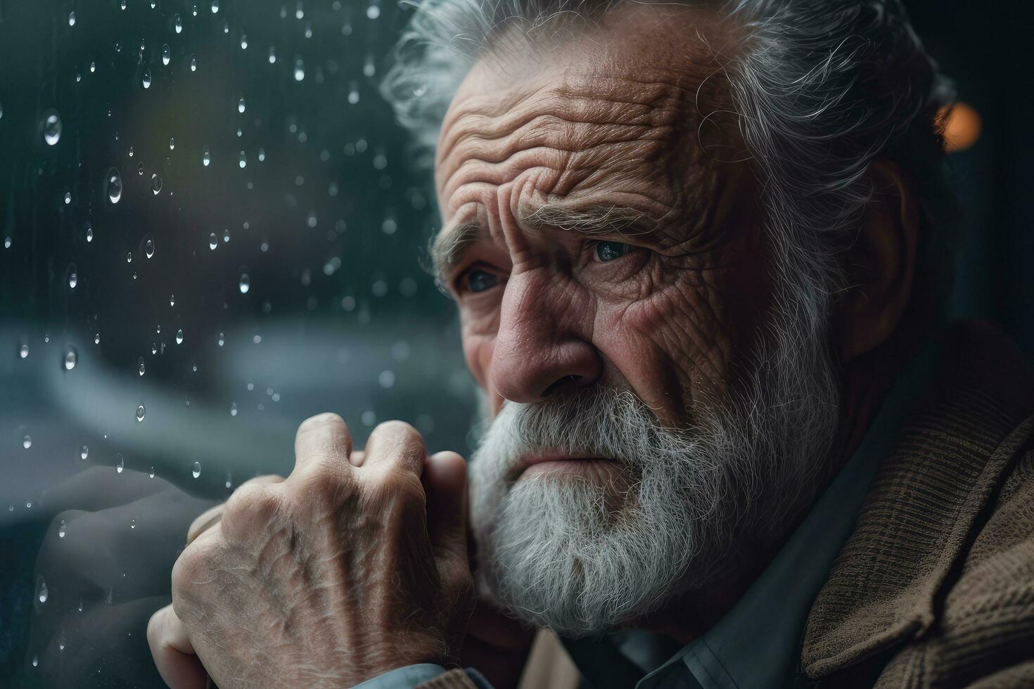 Senior man sad and depressed looking out of the window with raindrops on the glass window on a rainy day ,Generative AI. photo