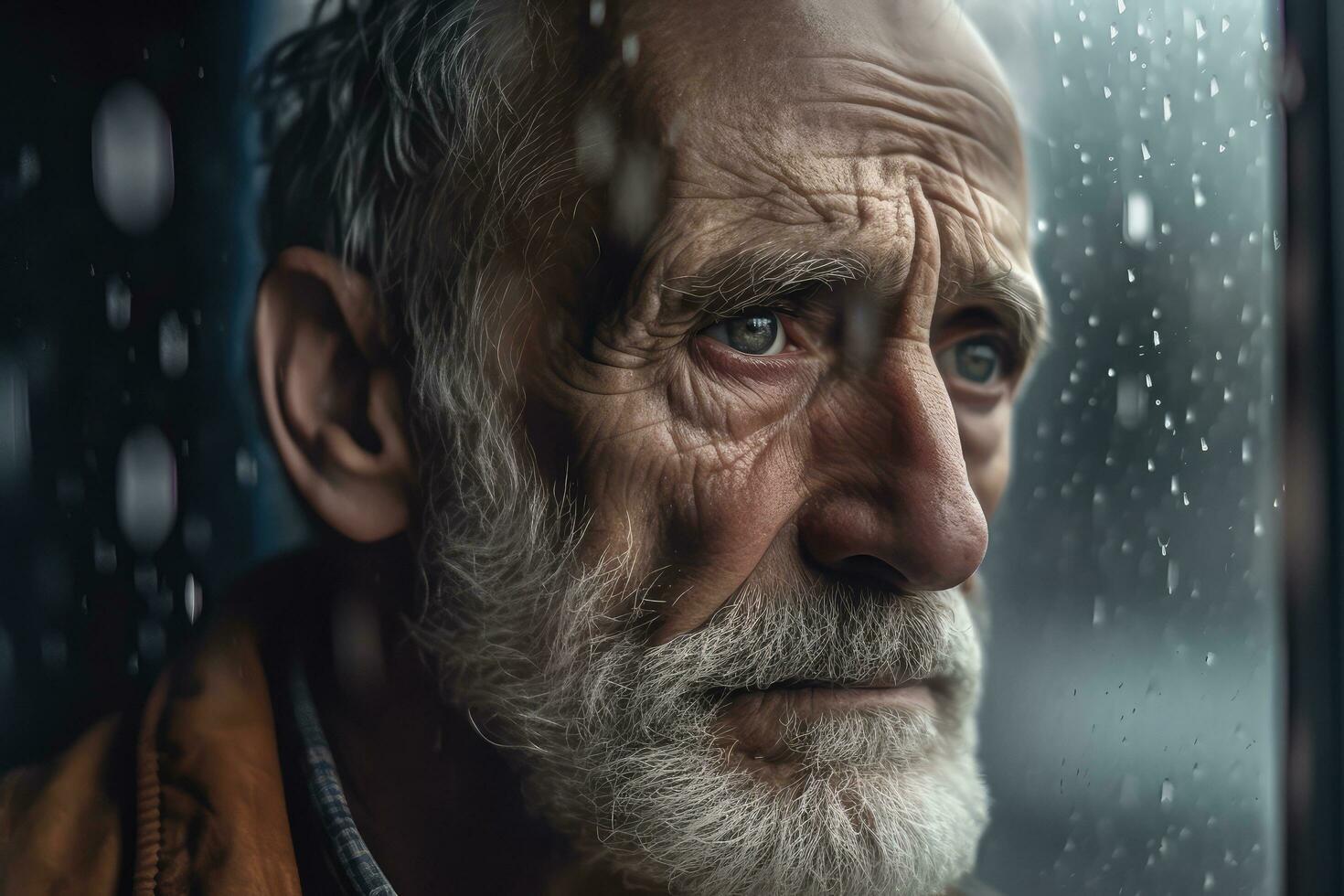 Senior man sad and depressed looking out of the window with raindrops on the glass window on a rainy day ,Generative AI. photo
