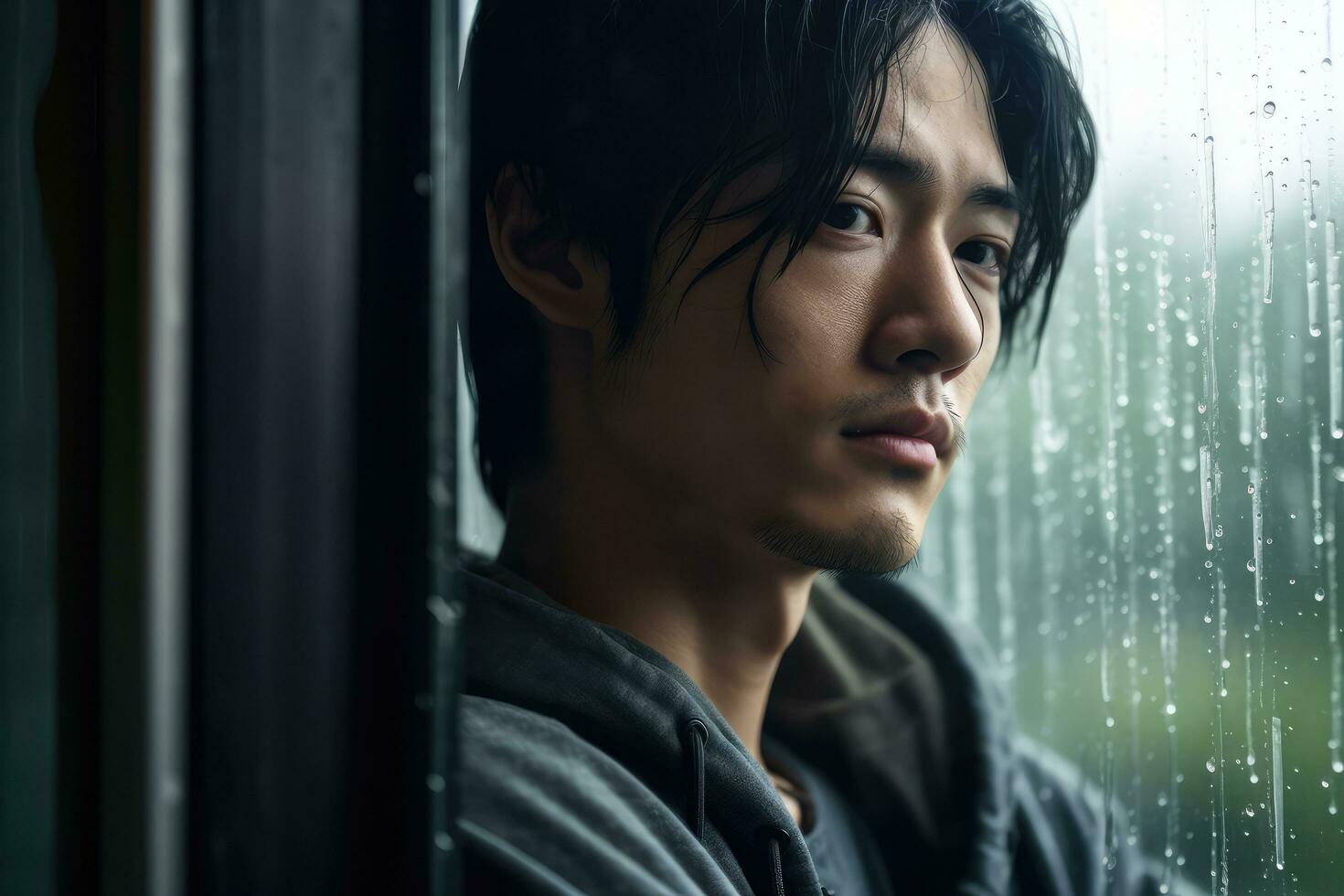 Asia young man sad of sit on the edge the window with raindrops on the glass window on a rainy day ,Generative AI. photo