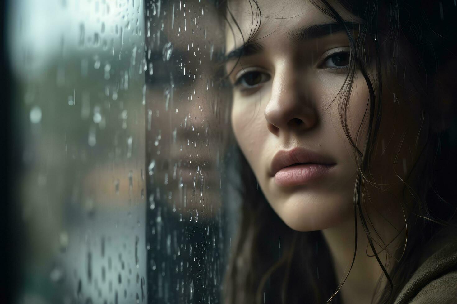 A young woman sad of sit on the edge the window with raindrops on the glass window on a rainy day ,Generative AI. photo