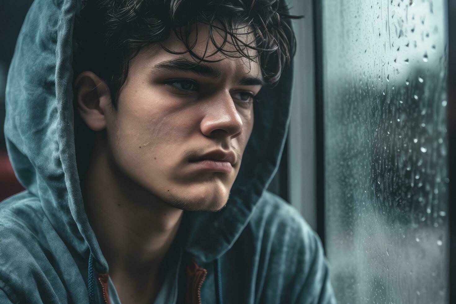 un joven hombre triste de sentar en el borde el ventana con gotas de lluvia en el vaso ventana en un lluvioso día ,generativo ai. foto