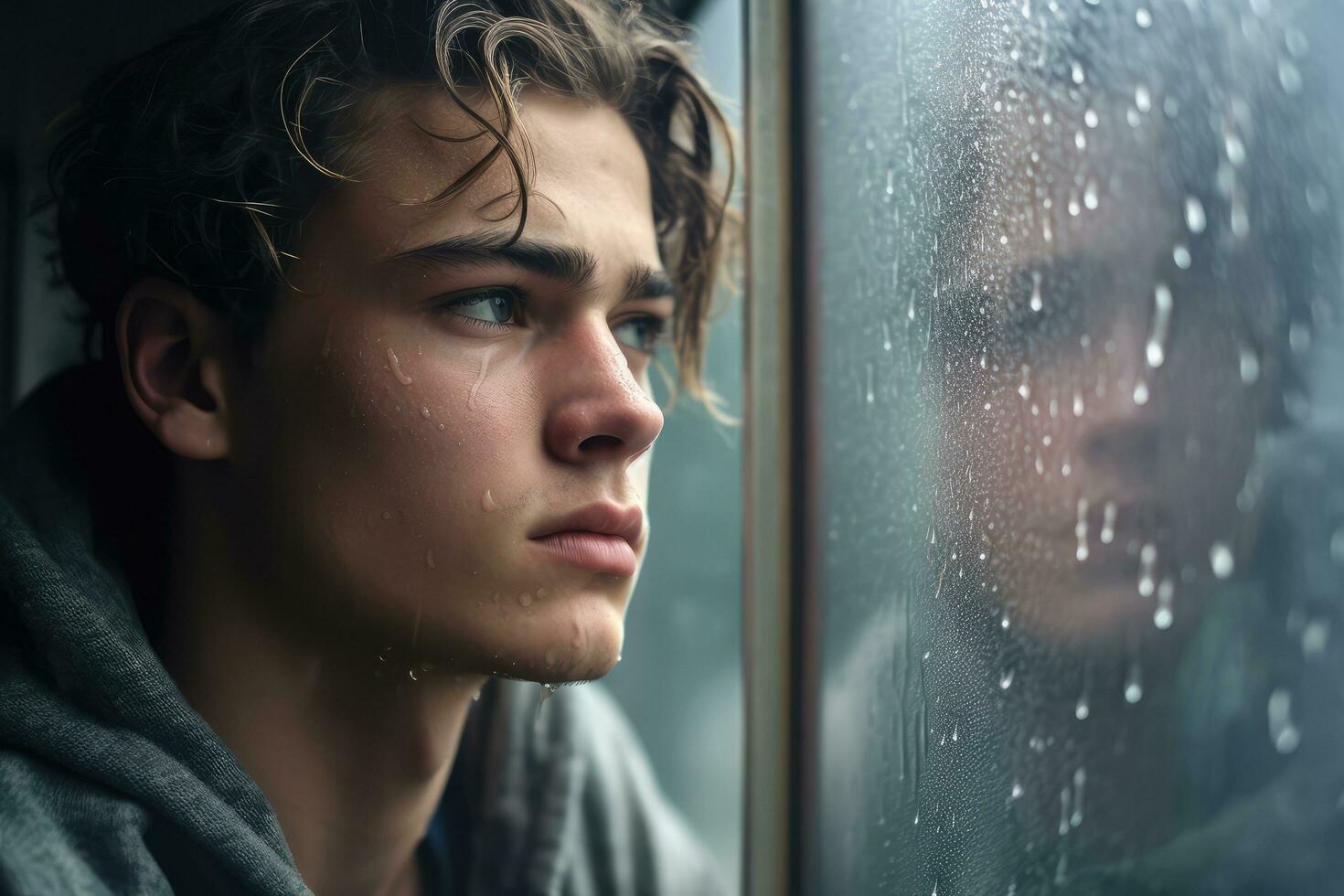 A young man sad of sit on the edge the window with raindrops on the glass window on a rainy day ,Generative AI. photo