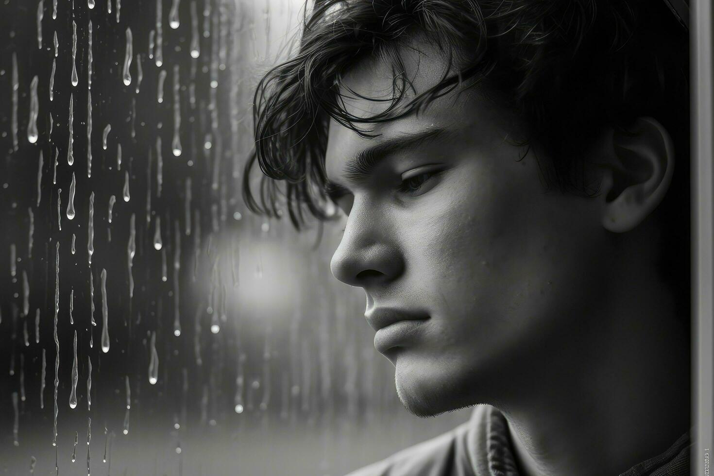 un joven hombre triste de sentar en el borde el ventana con gotas de lluvia en el vaso ventana en un lluvioso día ,generativo ai. foto