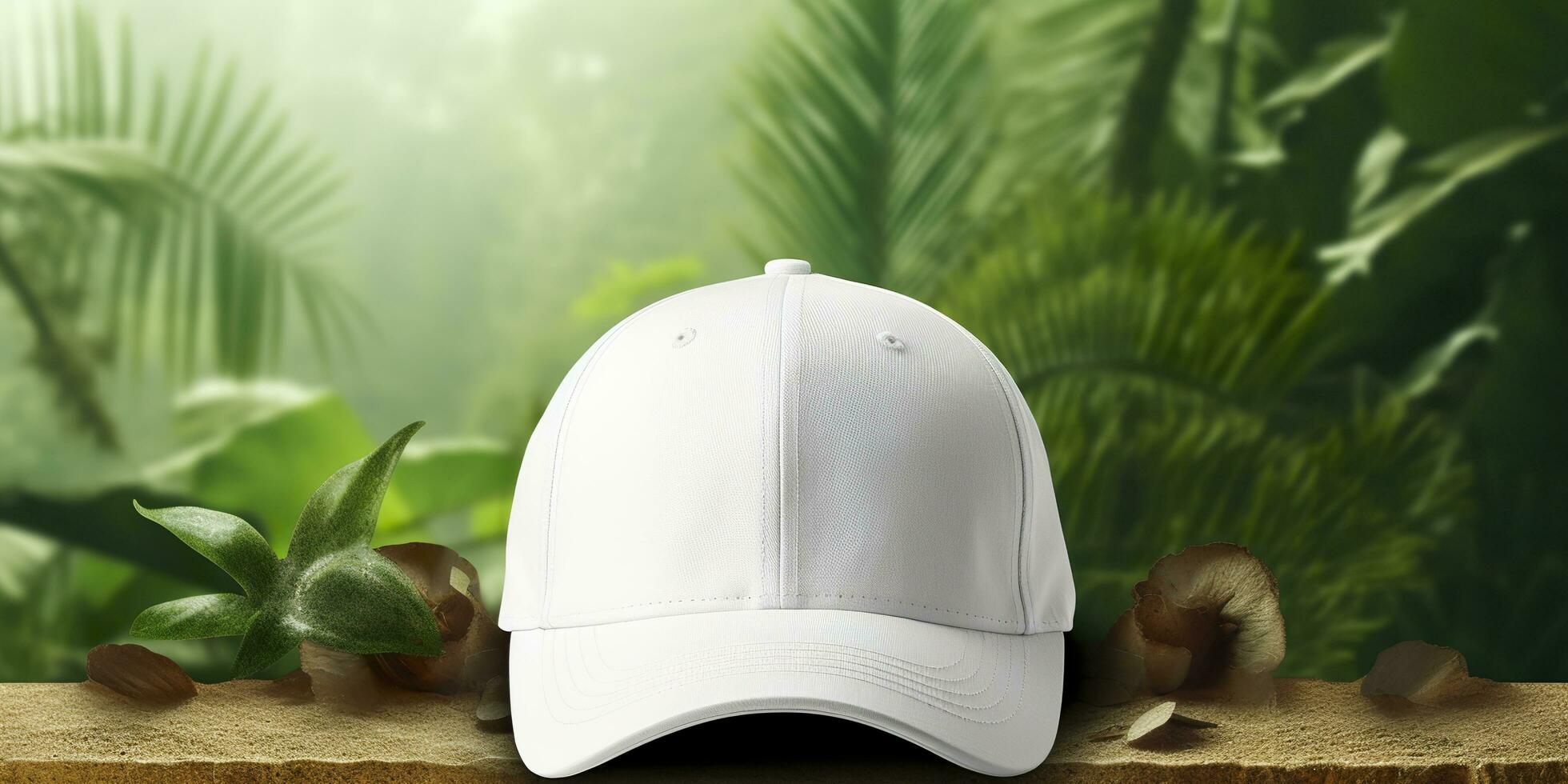 White Cap mockup on a natural background. Generative AI photo