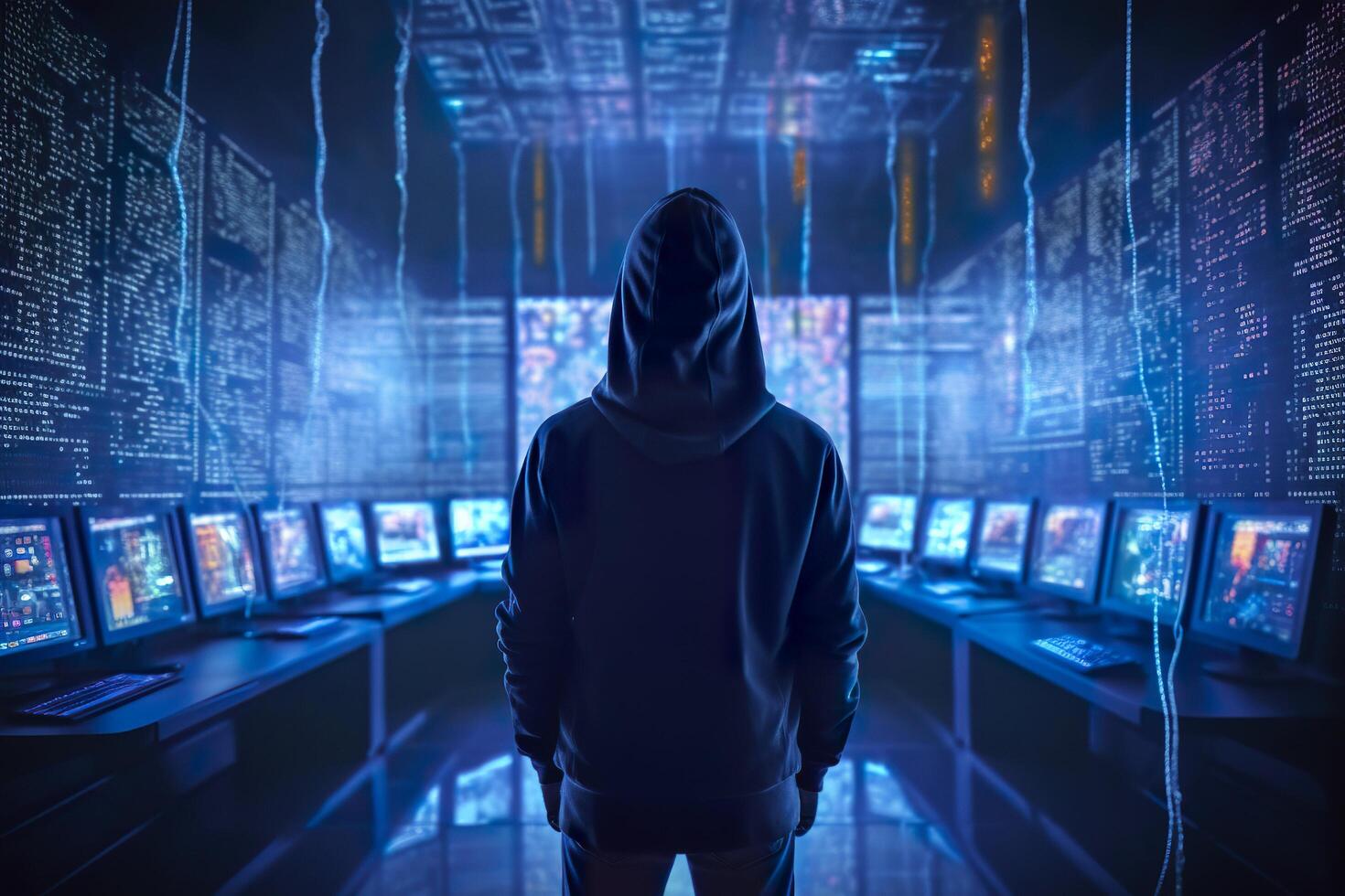 Back of anonymous robot hacker. Concept of hacking cybersecurity, cybercrime, cyberattack, etc. AI Generative photo