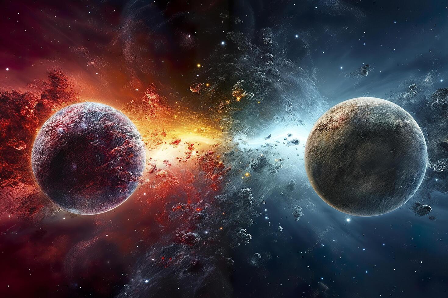 dos mundos de el ver fueron destruido, con galaxias en profundo espacio cosmos descubierto exterior espacio y estrellas, ai generativo 30605820 Foto de stock en Vecteezy