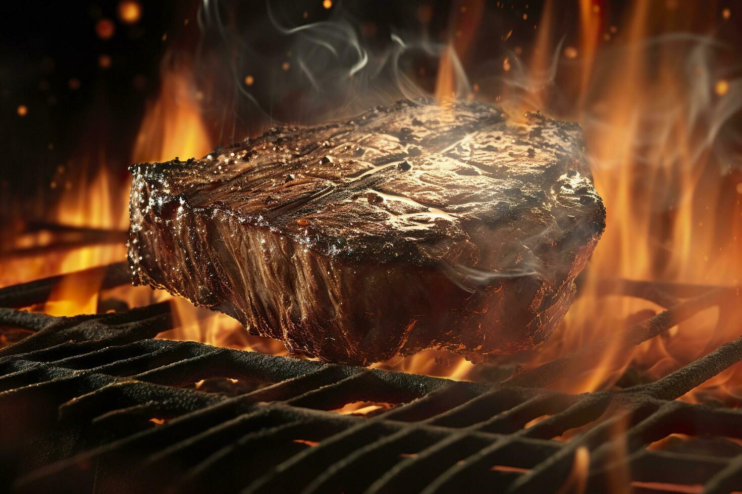 Beef steak on the grill with smoke and flames. AI Generative photo