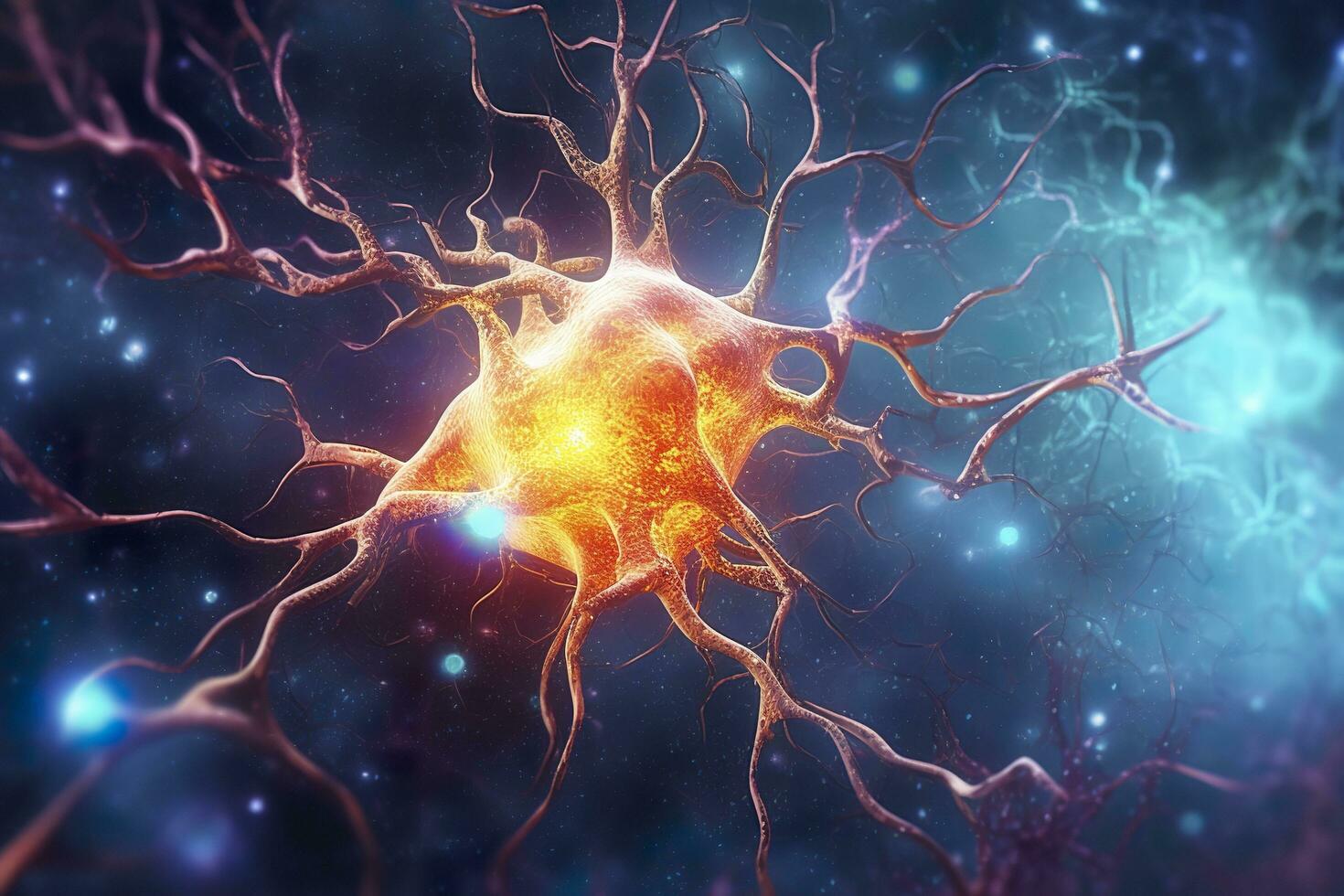 activo neuronas en el cerebro, cerca arriba vista. científico generativo ilustración. ai generativo foto