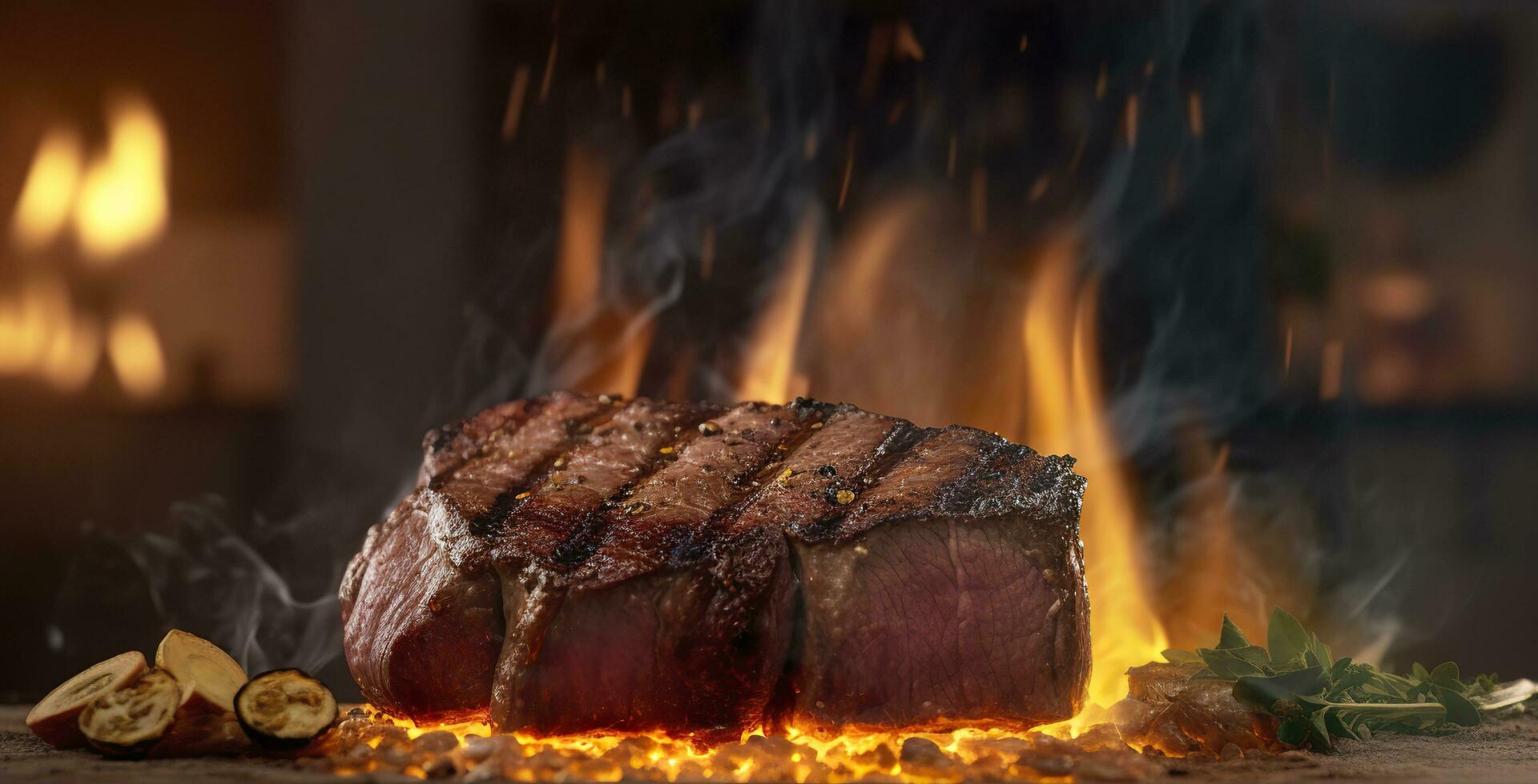 Beef steak on the grill with smoke and flames. AI Generative photo