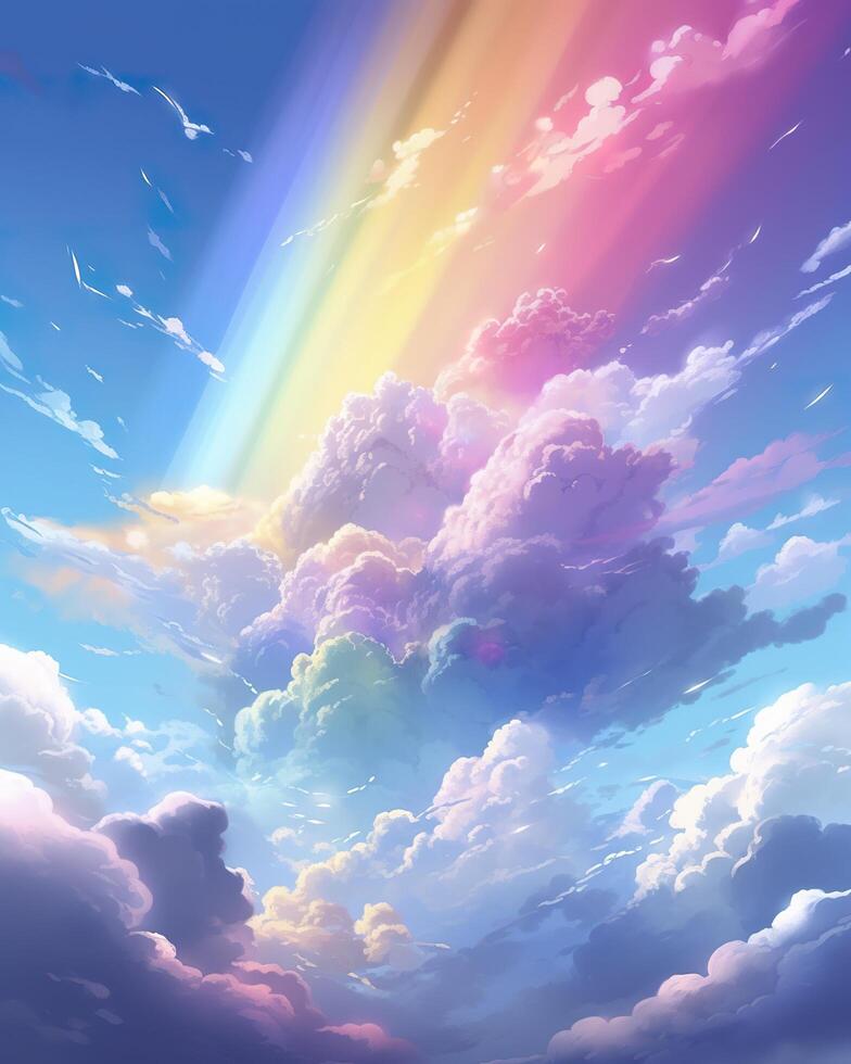 Stunning blue sky panoramic rainbow, big fluffy clouds with a giant arcing rainbow against a beautiful summertime blue sky with copy space for messages. AI Generative photo