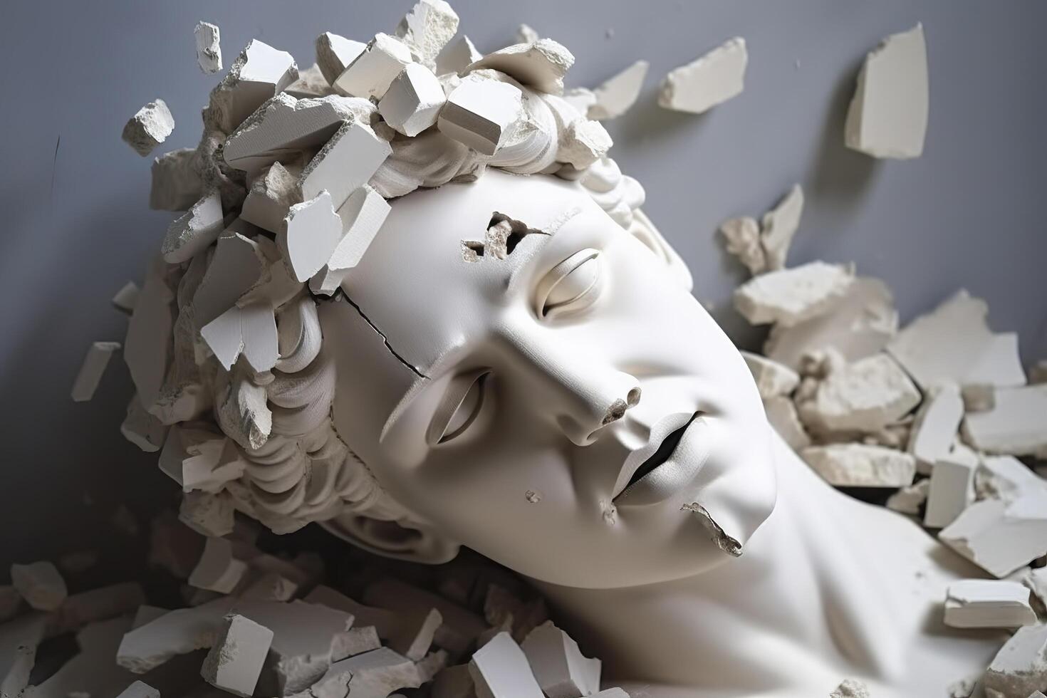 Broken ancient greek statue head falling in pieces. Broken marble sculpture, cracking bust, concept of depression, memory loss, mentality loss or illness. AI Generative photo