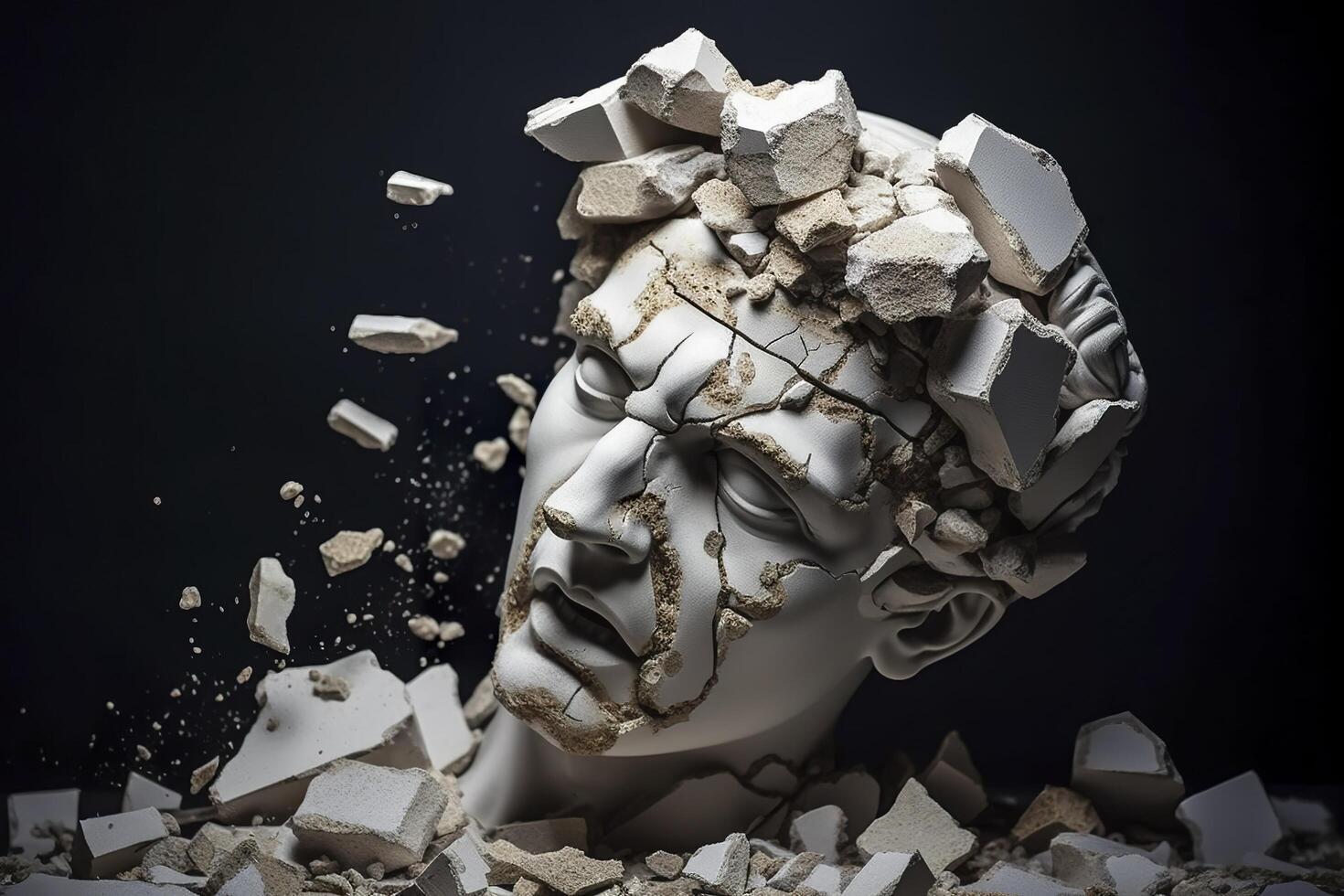 Broken ancient greek statue head falling in pieces. Broken marble sculpture, cracking bust, concept of depression, memory loss, mentality loss or illness. AI Generative photo