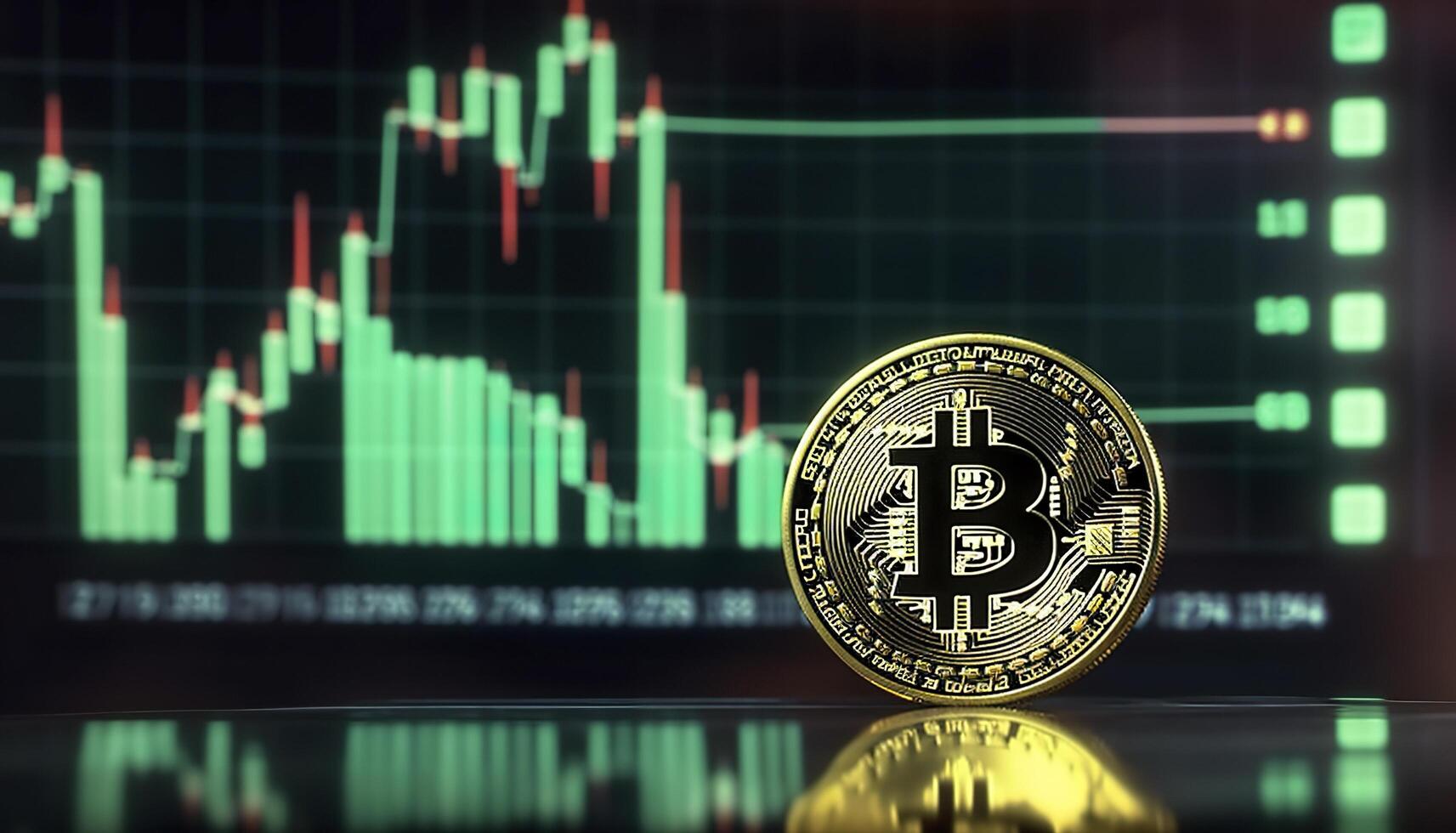 Bitcoin with green graph on computer screen background, Crypto currency trading. AI Generative photo