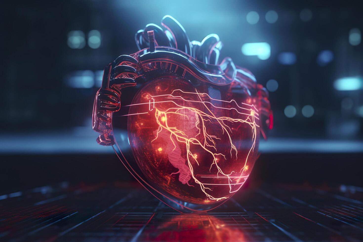 A GUI hologram of a futuristic human heart, holographic sci-fi interface, data lines, scales, and charts, cinematic, AI Generative photo