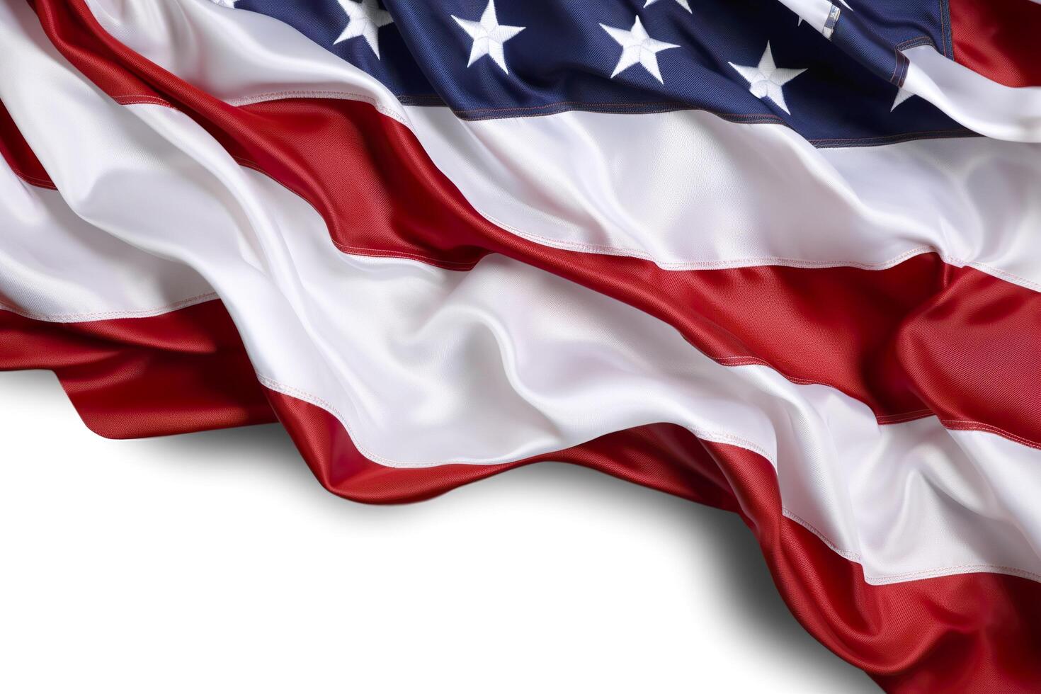 Closeup ruffled American flag isolated. solid white backgroud. AI Generative photo