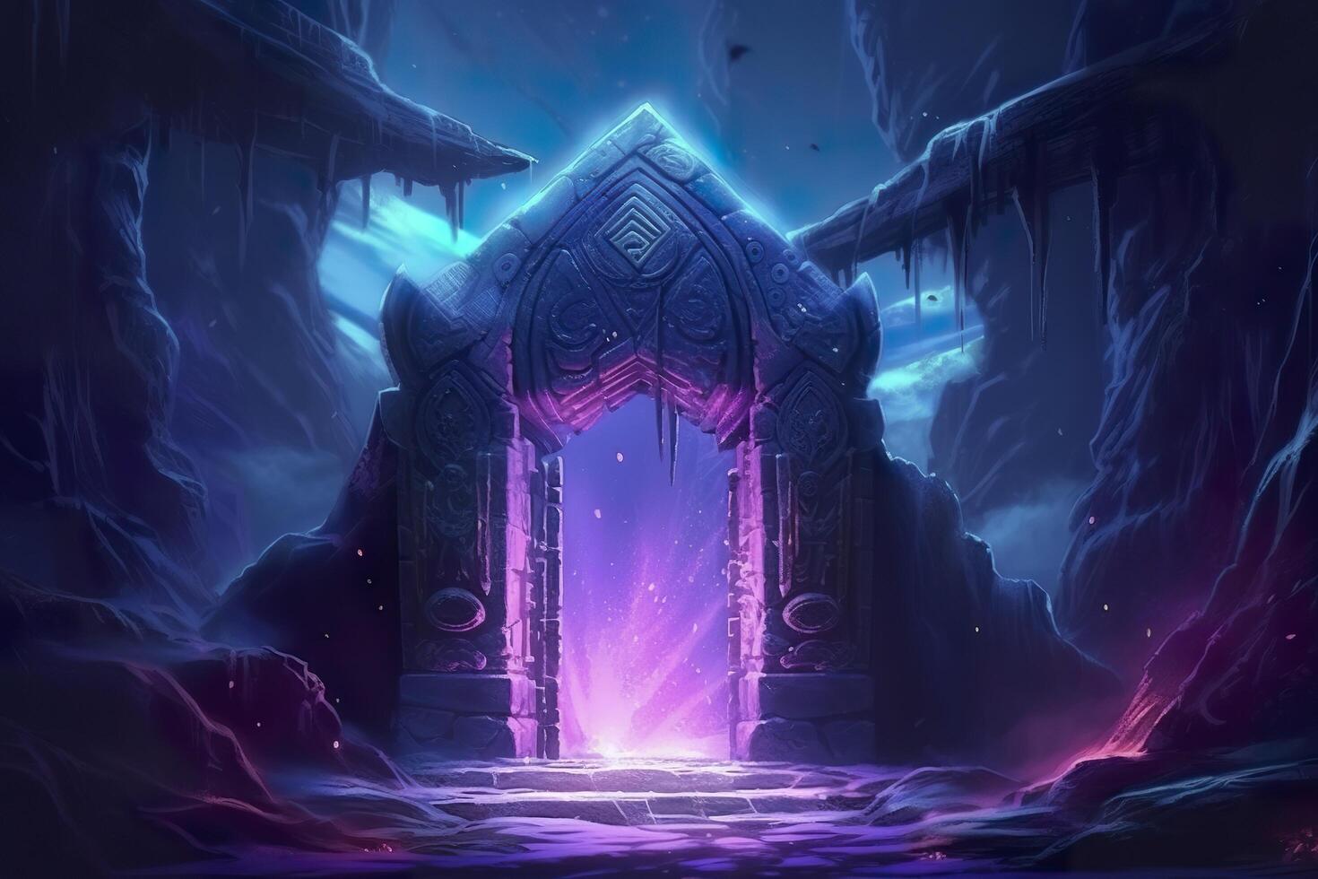 Fantasy night landscape with magical power, ancient stones with magical power and light, runes. Passage to another world, magic door, light, neon. AI Generative photo