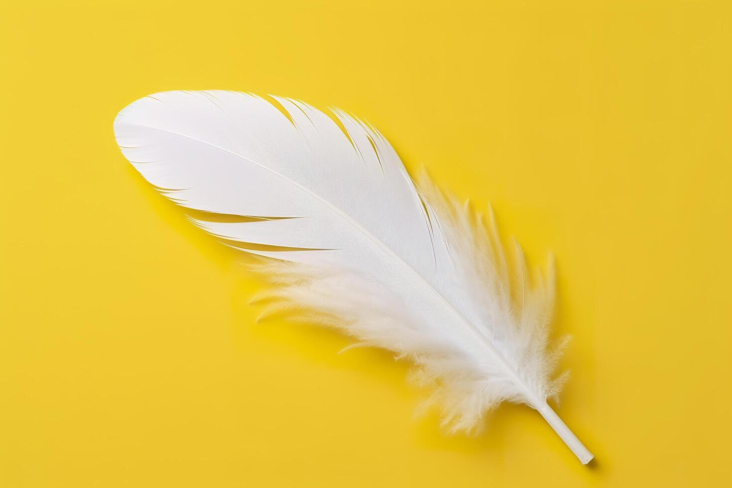 Close up of bright white feather. Copy space, yellow background. Fashion and Party concept. AI Generative photo