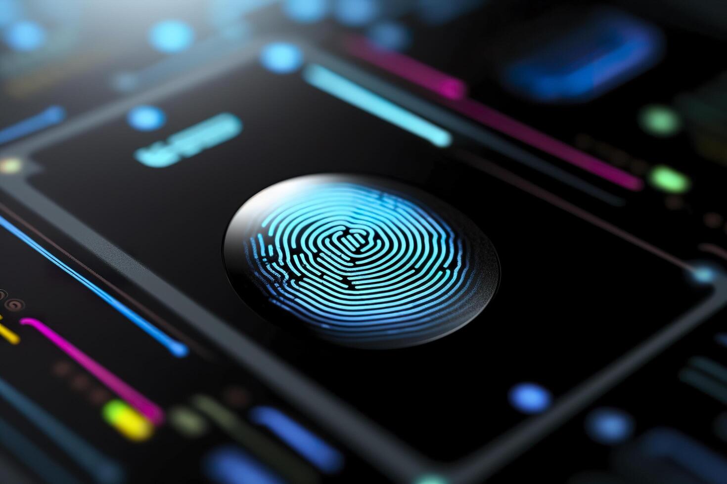 Fingerprint Authentication Button. Biometric Security. Identification and cyber security concept. Glowing neon fingerprint on dark background. AI Generative photo