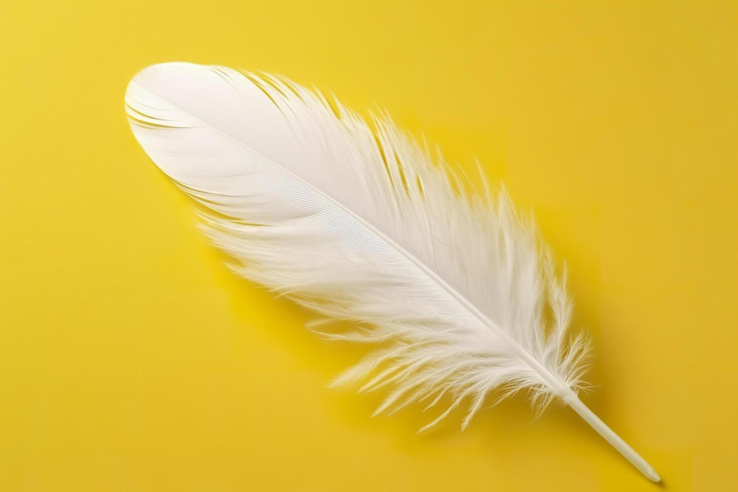 Close up of bright white feather. Copy space, yellow background. Fashion and Party concept. AI Generative photo