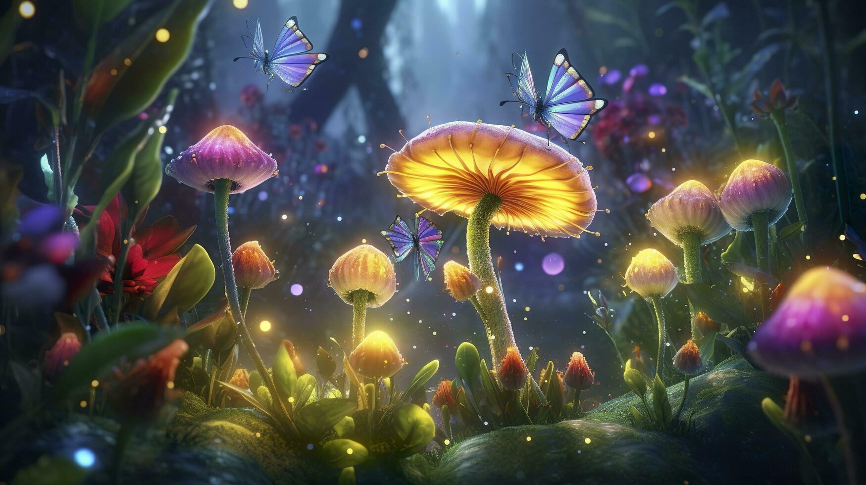 background fairy wood with a single path, zoom on a small portion of the path and add trees, moss, fireflies and mushrooms as additional decorations. AI Generative photo