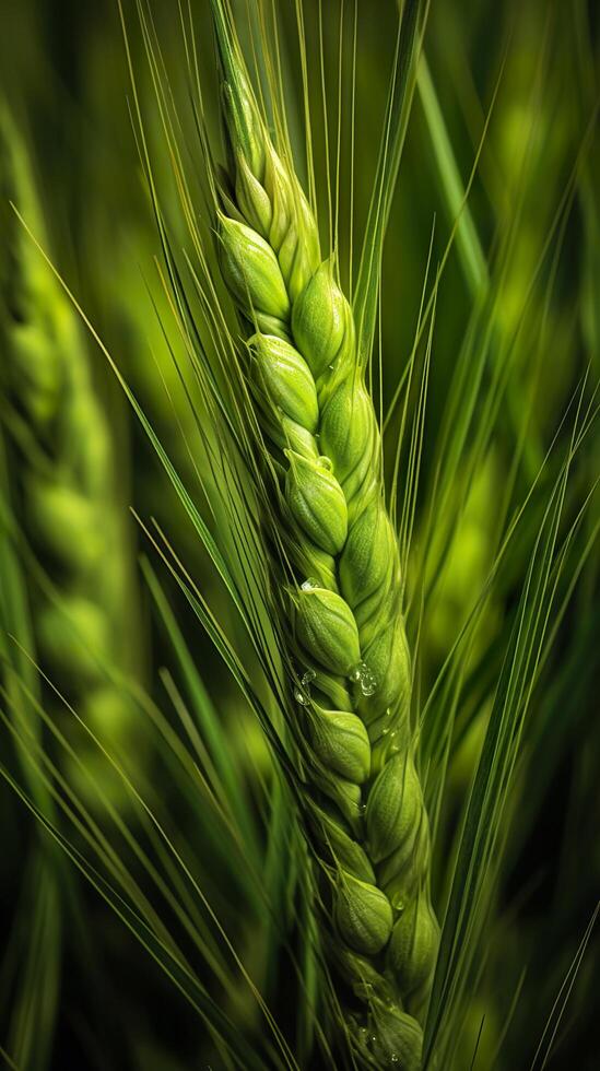 Green barley spike closeup, Green wheat, full grain, Close up of an ear of unripe wheat, AI Generative photo