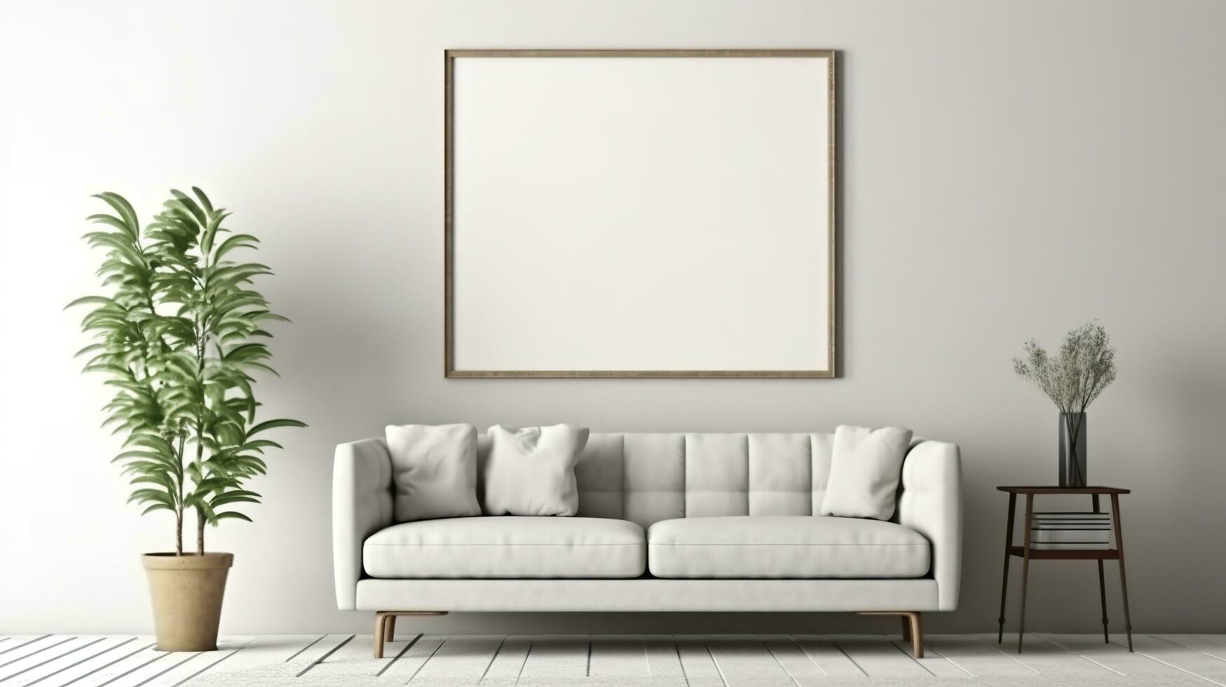 Modern cozy mock up and decoration furniture of living room and empty canvas frame on the white wall texture background, 3D rendering. AI Generative photo