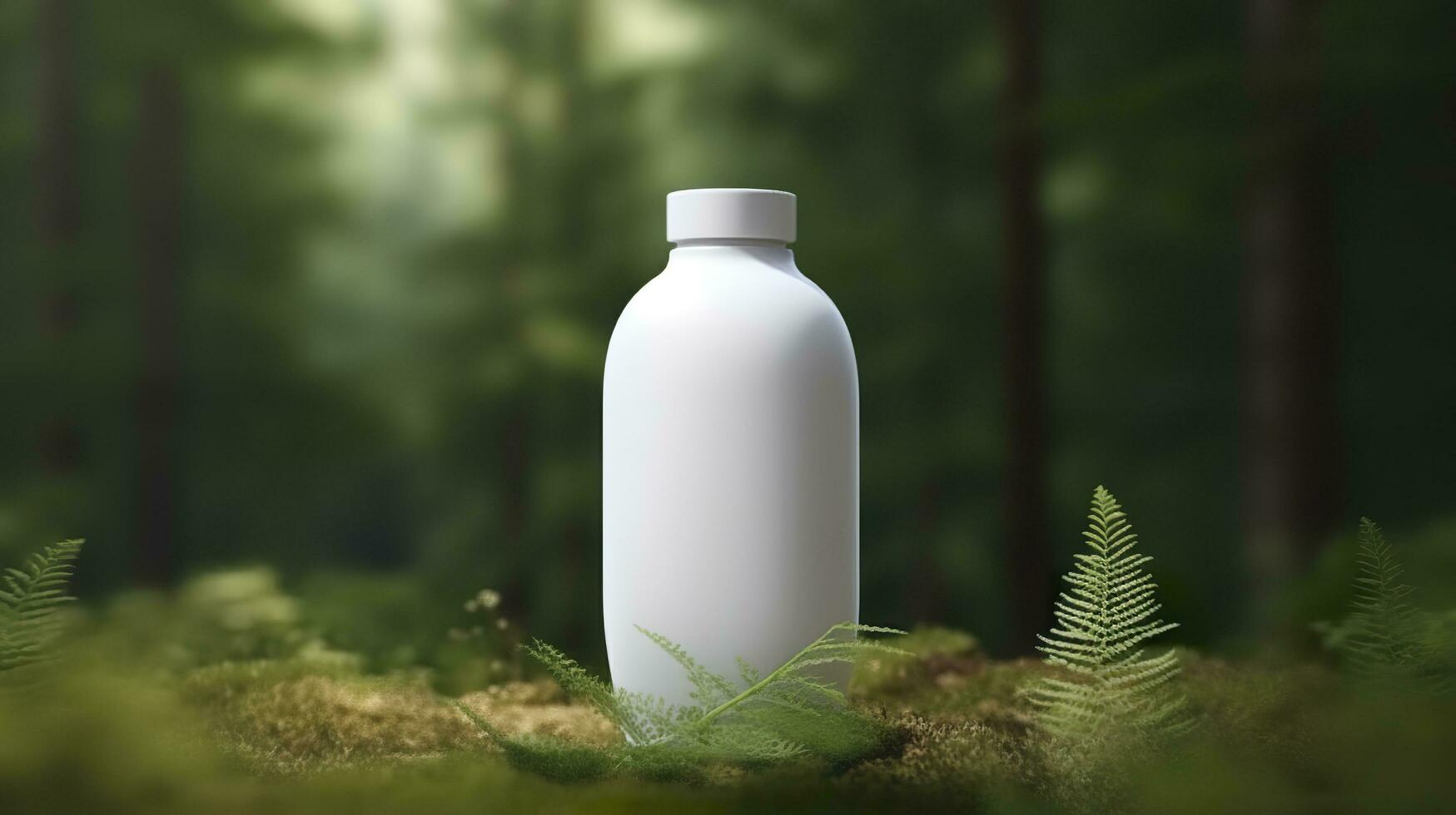 natural cosmetic product presentation backstage. outdoors forest placement. white blank jar shampoo bottle. 3d. AI Generative photo