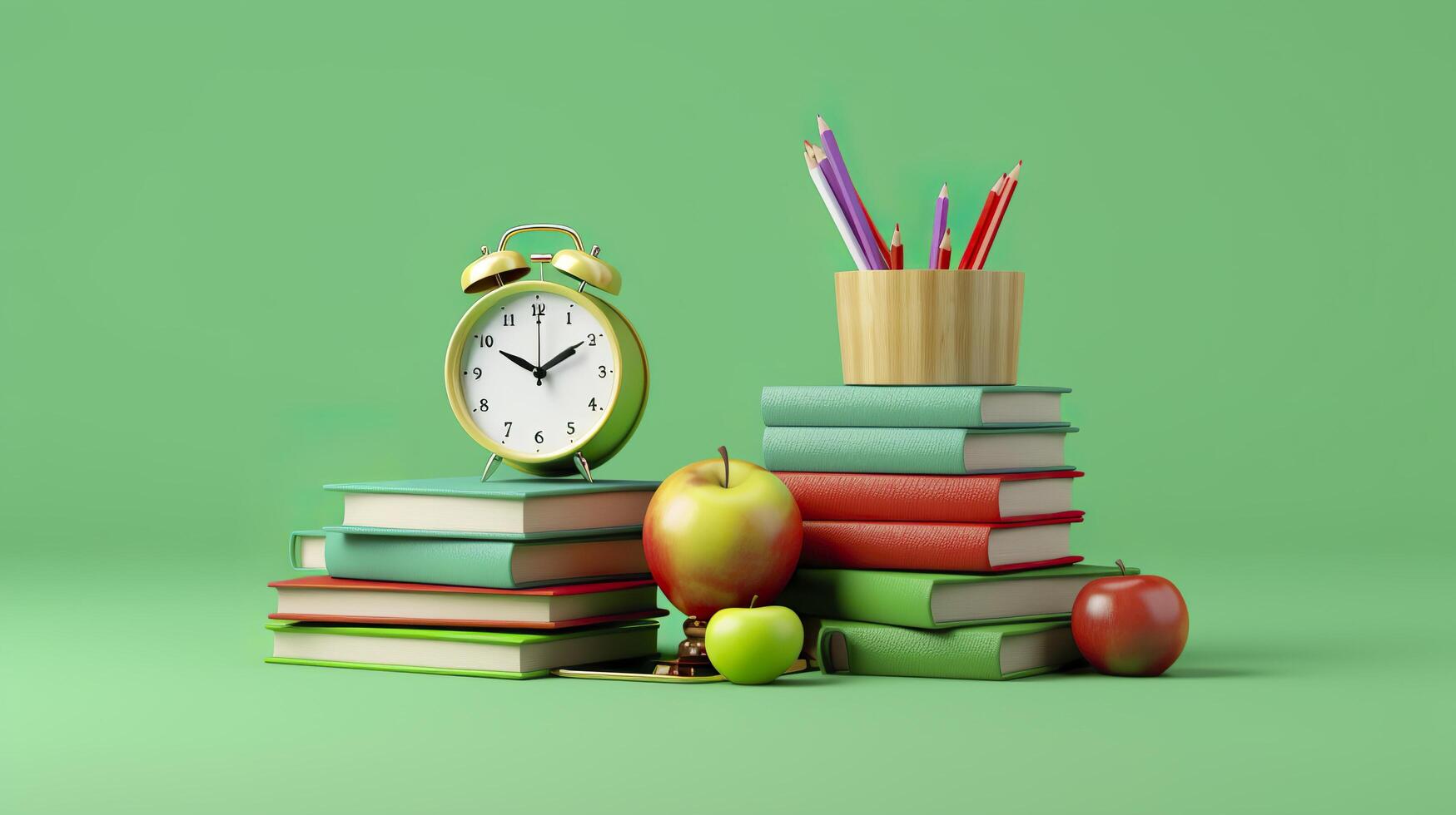 Pop art illustration of School accessories with apples, books, and an alarm clock on the School background. Back to school concept. 3D Rendering, AI Generative photo