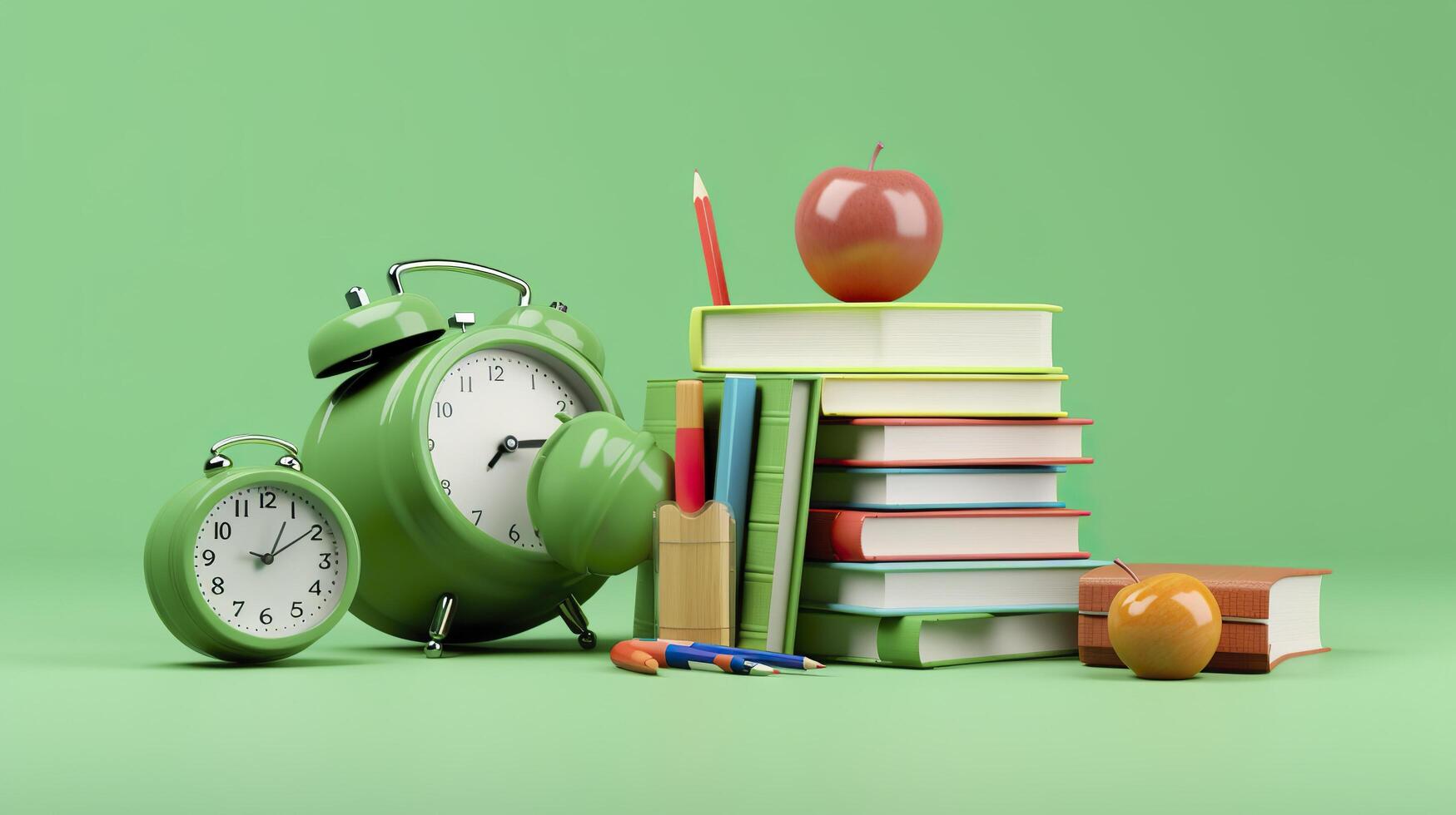 Pop art illustration of School accessories with apples, books, and an alarm clock on the School background. Back to school concept. 3D Rendering, AI Generative photo