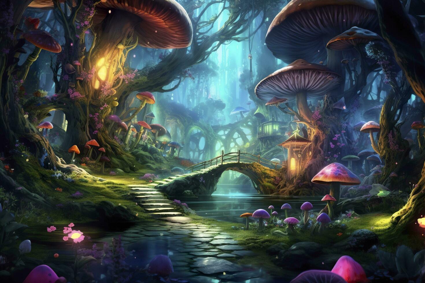 el bosque es iluminado arriba con hongos y flores, en el estilo de realista fantasía obra de arte, fantástico calle, oscuro Esmeralda y ligero cian, ai generativo foto