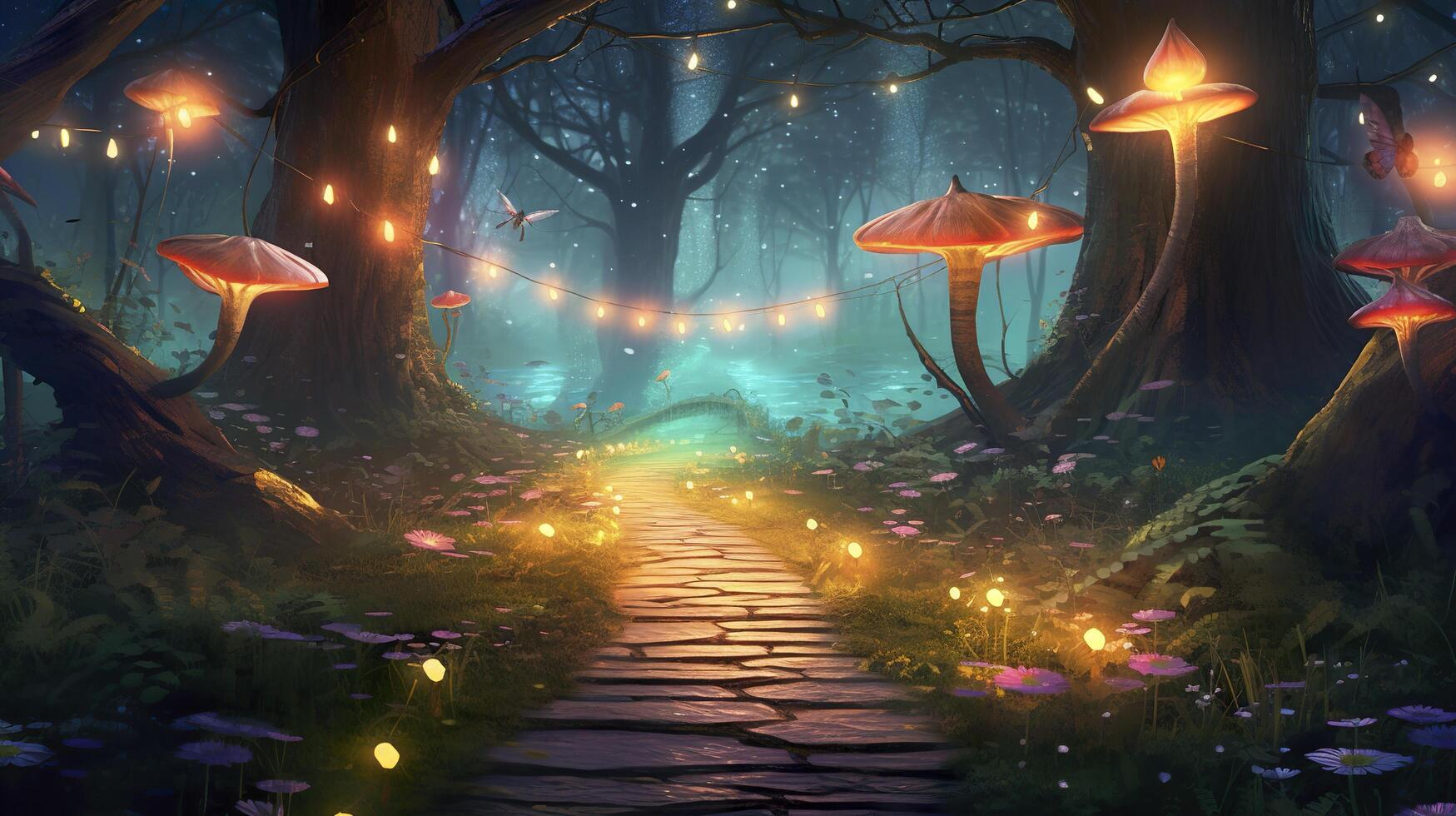 Fantasy fairy tale background with forest and blooming path. Fabulous fairytale outdoor garden and moonlight background. AI Generative photo