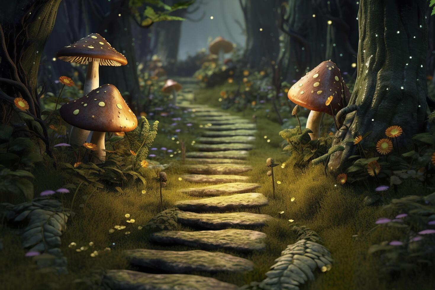 background fairy wood with a single path, zoom on a small portion of the path and add trees, moss, fireflies and mushrooms as additional decorations. AI Generative photo
