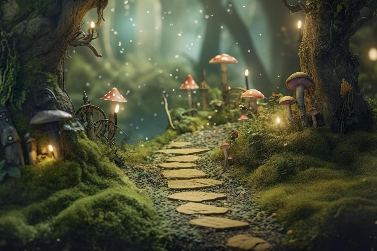 background fairy wood with a single path, zoom on a small portion of the path and add trees, moss, fireflies and mushrooms as additional decorations. AI Generative photo