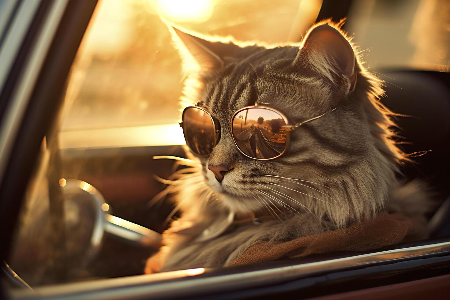 Capture a dreamy reflection by photographing a cat wearing sunglasses with a vintage Leica M6, highlighting the texture and contrast of an old timer car. AI Generative photo