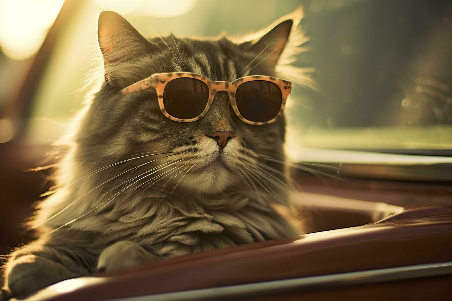 Capture a dreamy reflection by photographing a cat wearing sunglasses with a vintage Leica M6, highlighting the texture and contrast of an old timer car. AI Generative photo